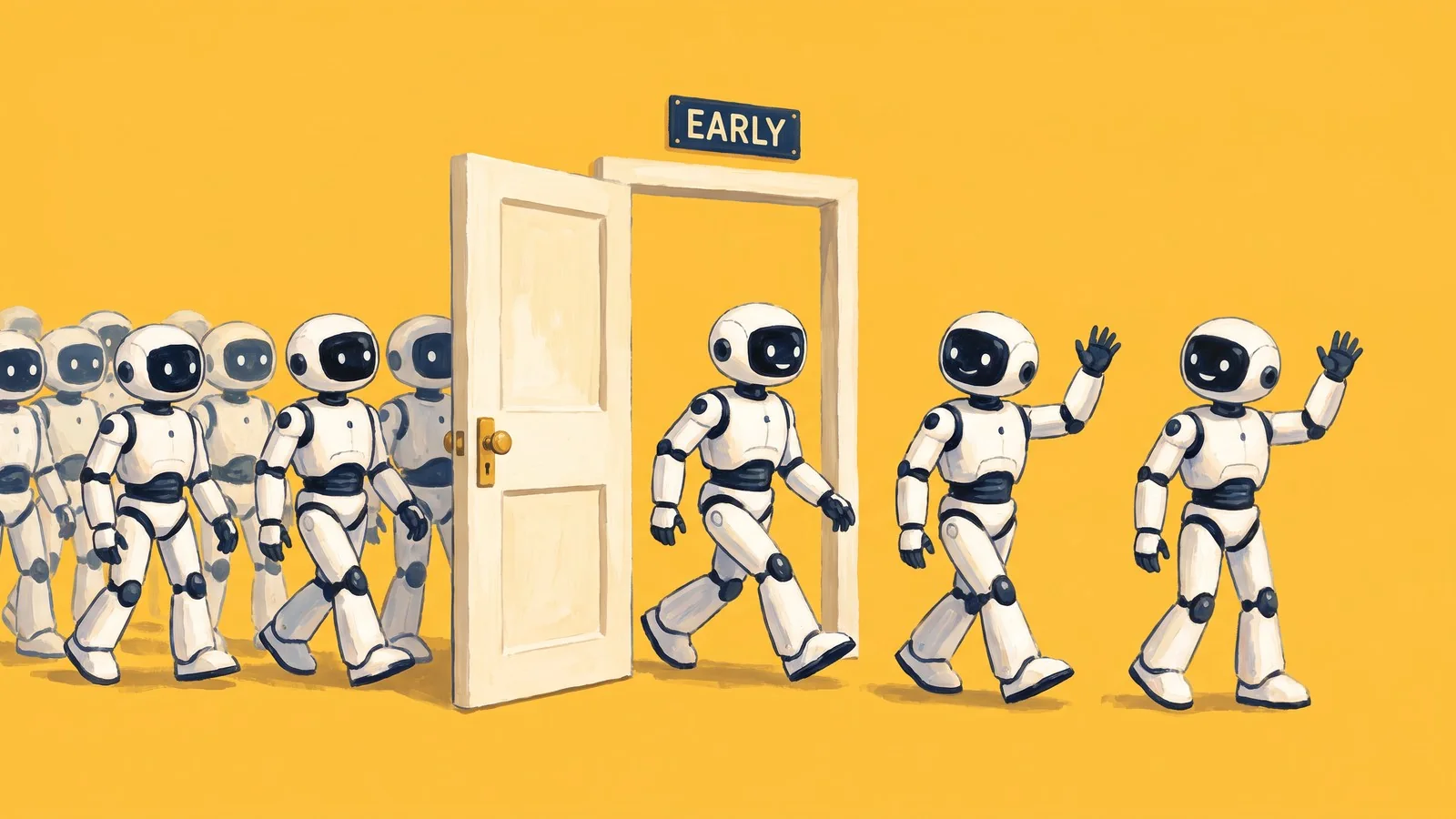 Three white robots walk through an open door under a sign reading “EARLY” and wave, while a much bigger crowd of robots follows behind them