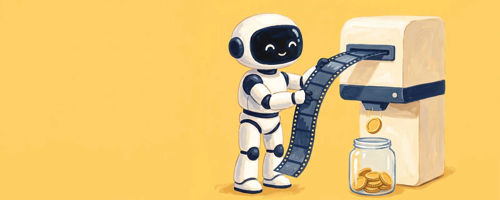 A white robot feeds a filmstrip into a cream machine, and a small gold coin drops out into a glass jar
