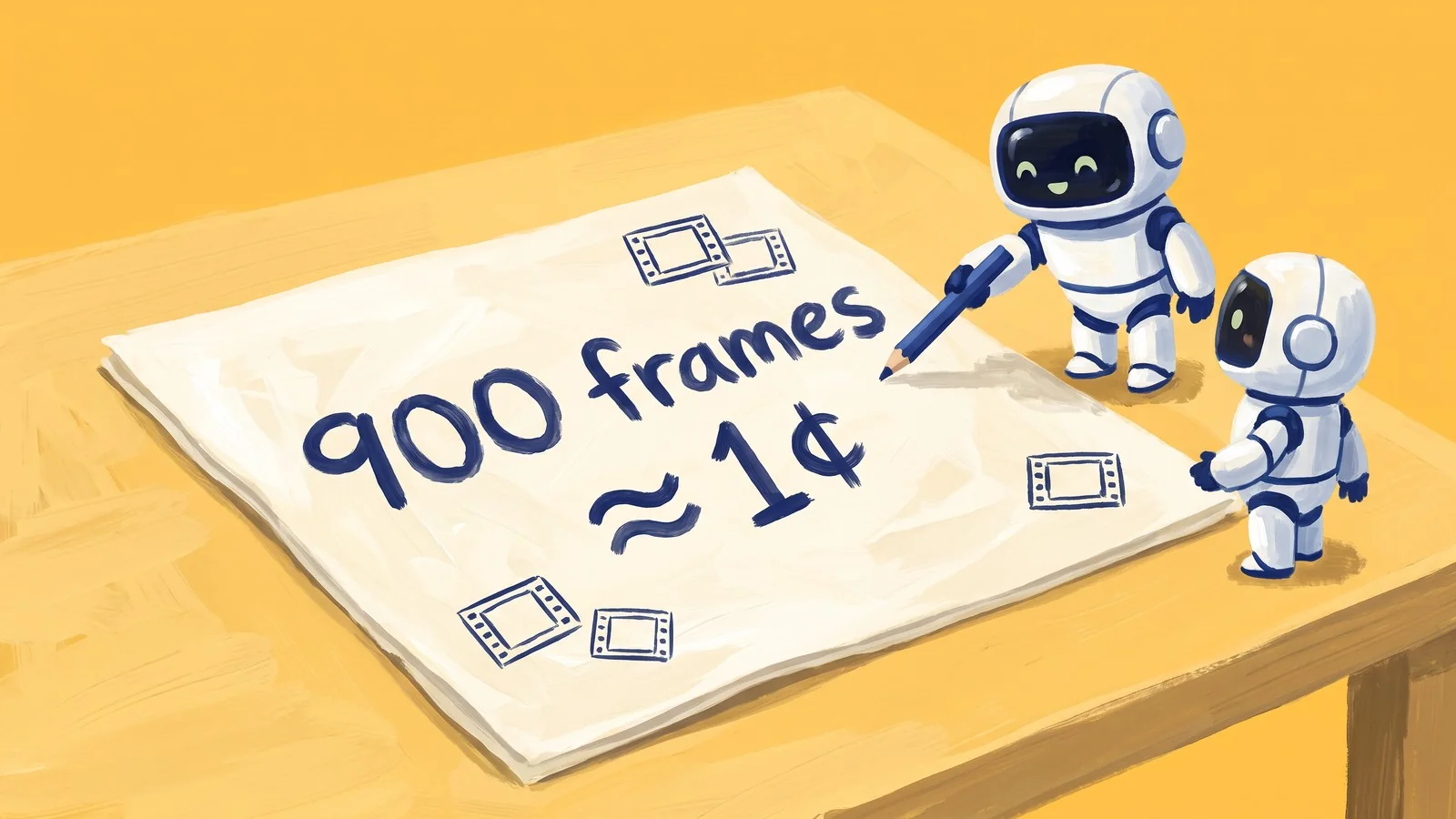 A white robot points a pencil at a paper napkin on a table that reads “900 frames ≈ 1¢”, while a second small robot watches