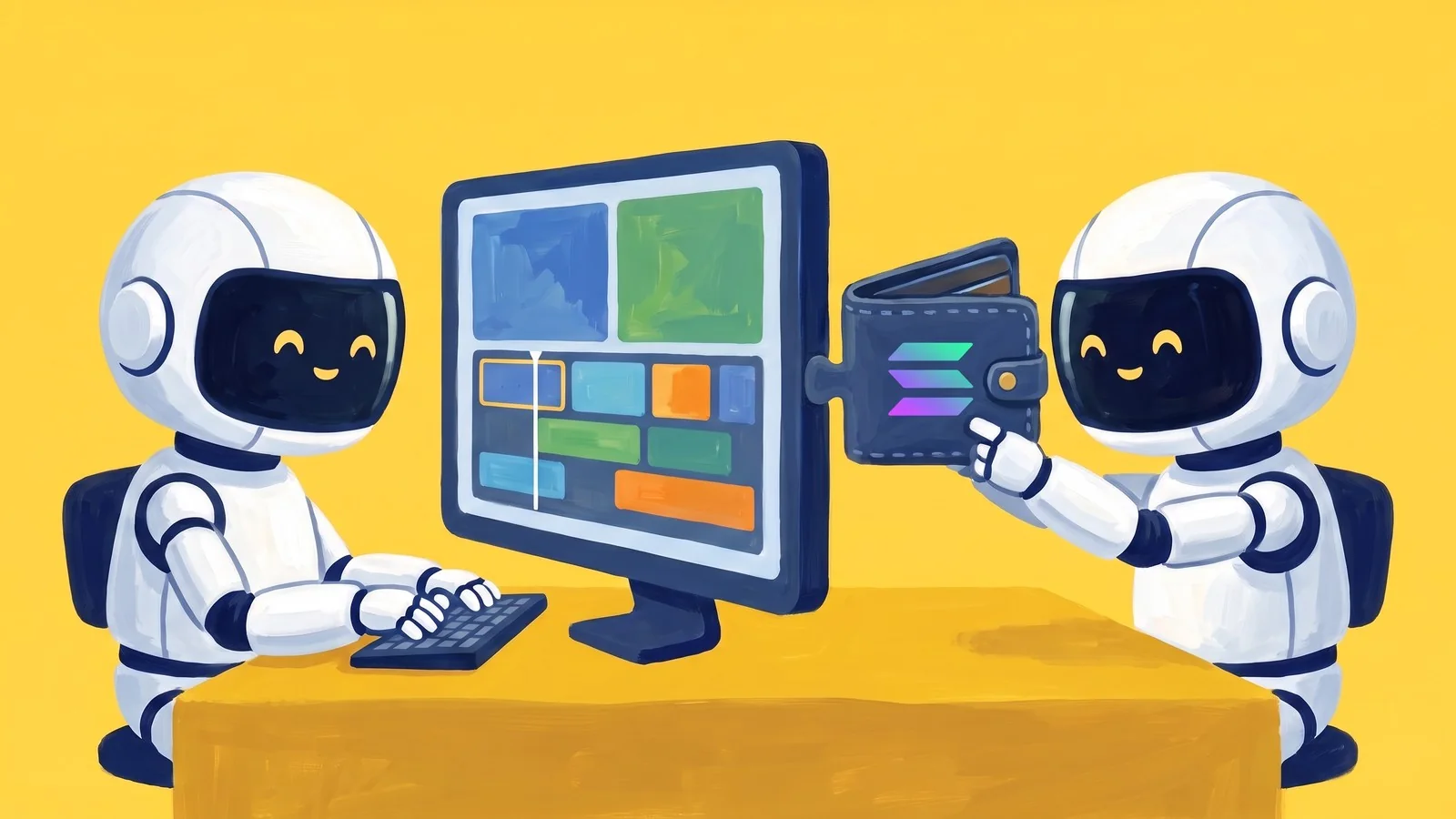 One white robot edits a video timeline on a computer screen while a second robot clicks a navy bifold wallet with the Solana logo into the side of the screen like a puzzle piece