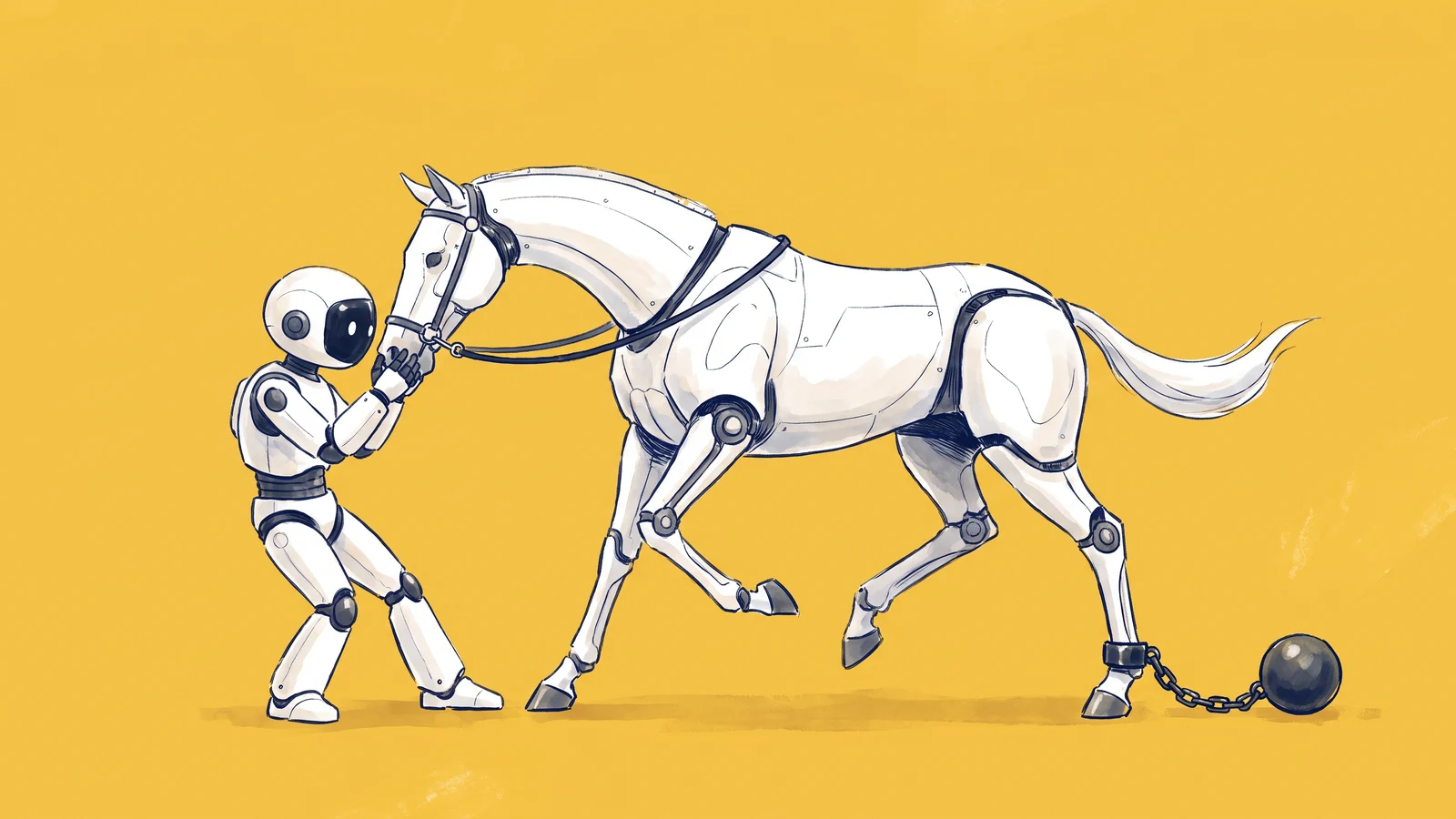 A white robotic racehorse with a ball and chain on its ankle is held back by a robot handler on a short lead