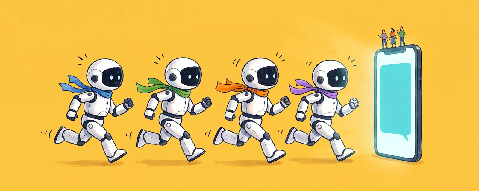 Four white robots in blue, green, orange and violet scarves race toward a giant phone where a few tiny users stand