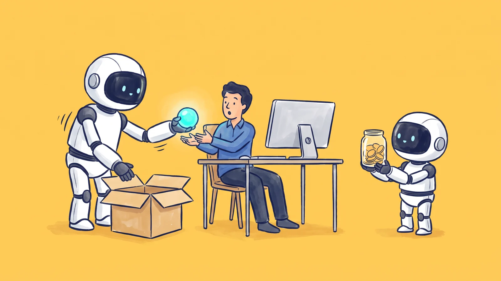 A white robot hands a glowing cyan orb, the free model, to a man at a silver desktop computer while a small robot holds a jar of coins