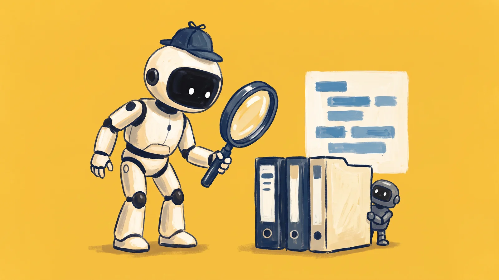 A white robot in a detective hat uses a magnifying glass to scan code and folders and spots a tiny robot hiding behind them