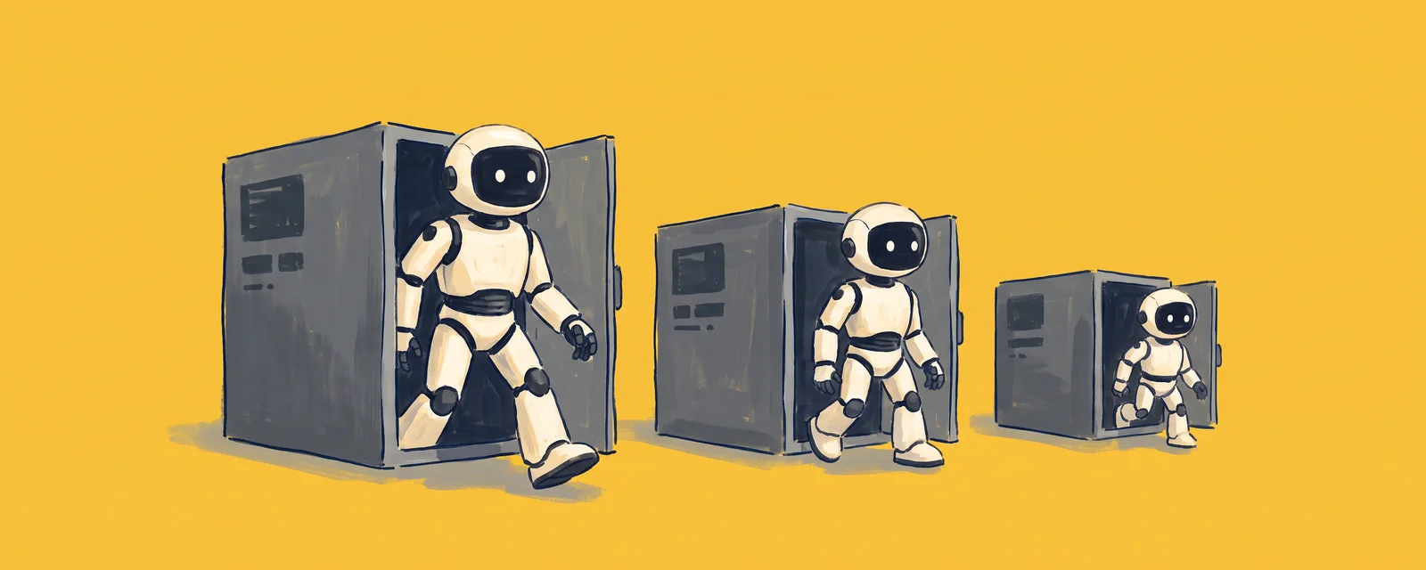 A row of white visor robots stepping out of smaller and smaller computer boxes, copying themselves from machine to machine
