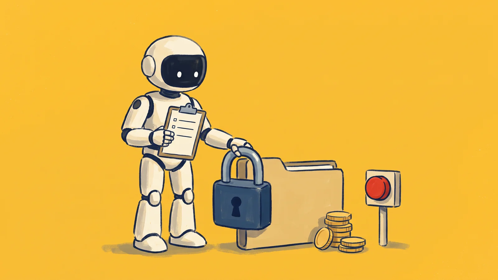 A white robot holds an audit log clipboard next to a padlocked folder, a stack of coins and a red off switch