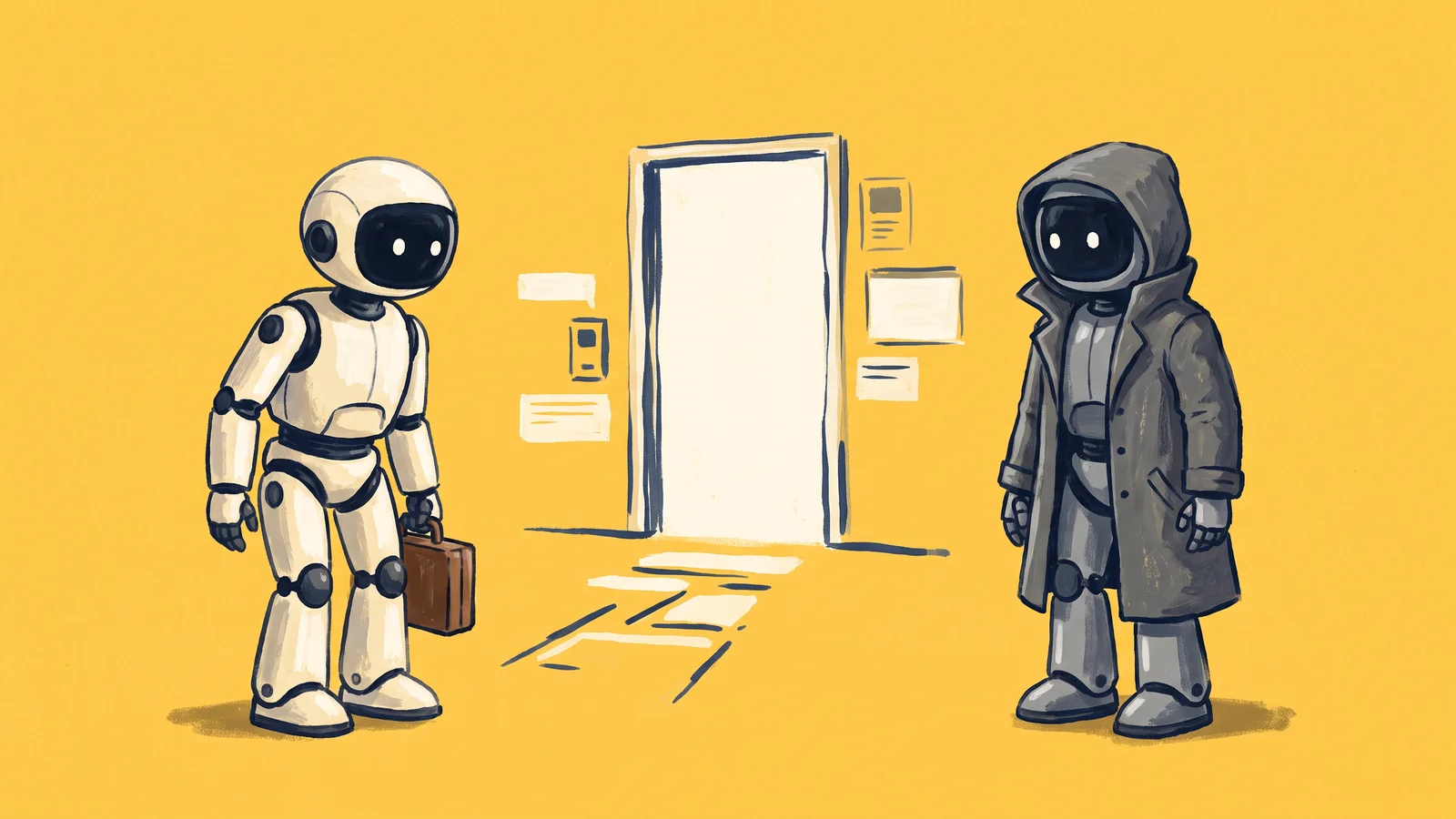 A friendly white robot with a briefcase meets a dark hooded robot at an open doorway