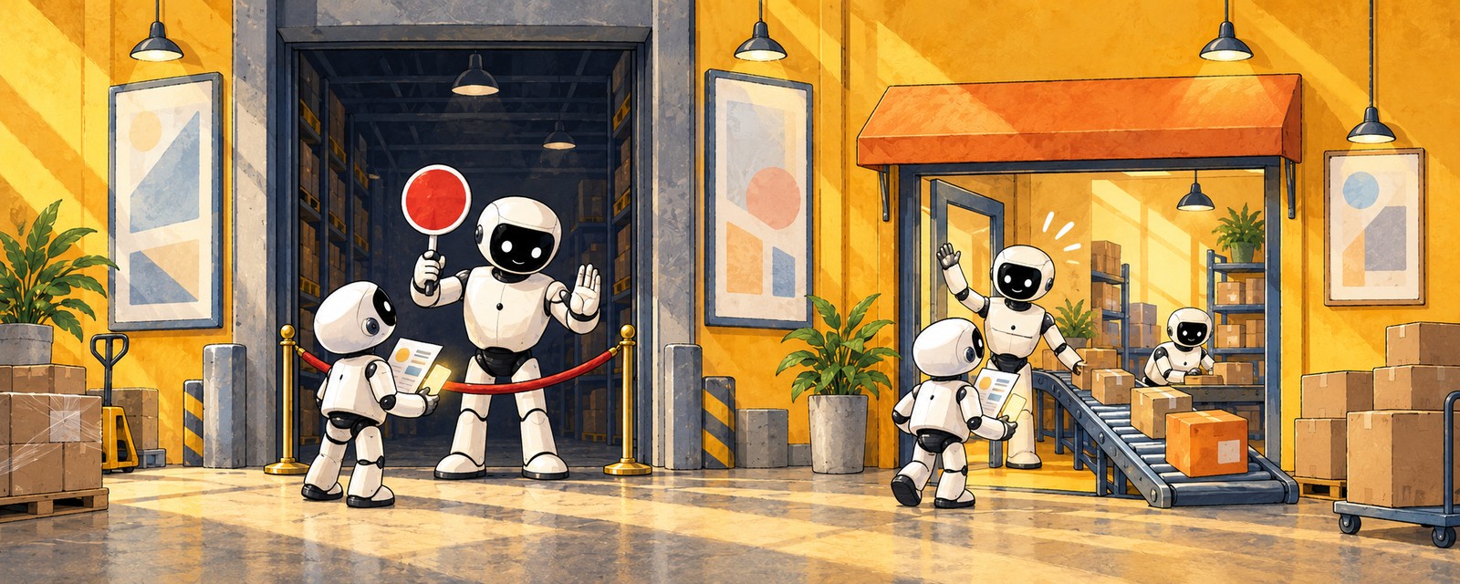 A bouncer robot with a stop paddle turns a shopping robot with a card away from a giant store, while the shop next door waves it in