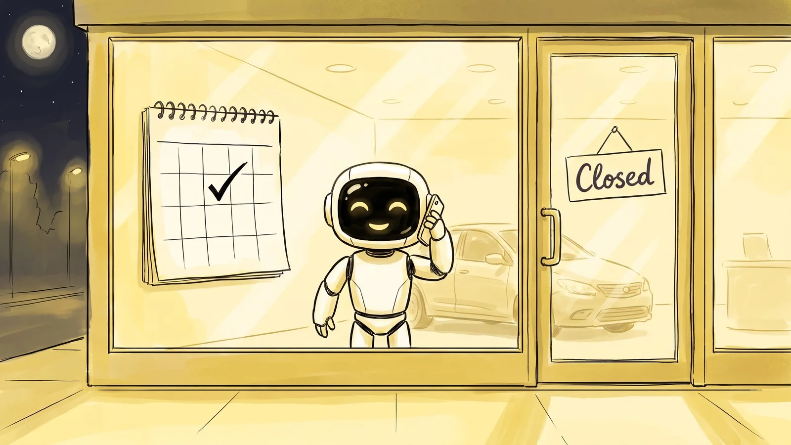 At night, a robot inside a closed dealership talks on the phone next to a calendar with a new checkmark