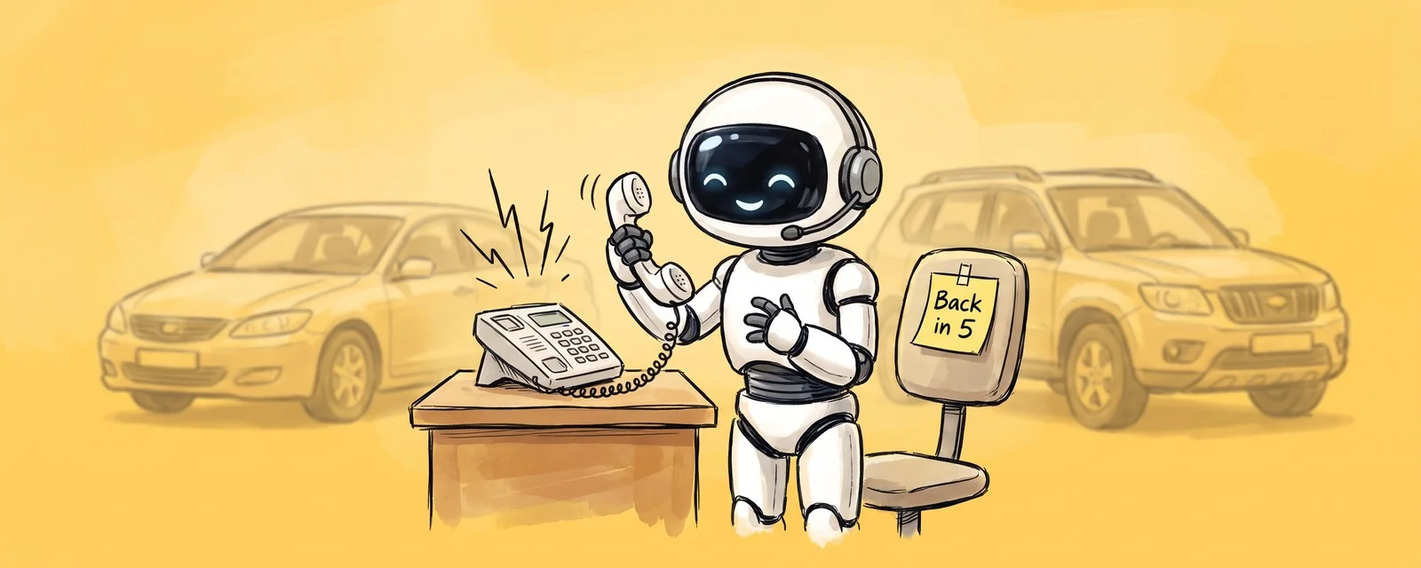 A white visor robot in a headset picks up a ringing desk phone at a car dealership, next to an empty chair with a “Back in 5” note
