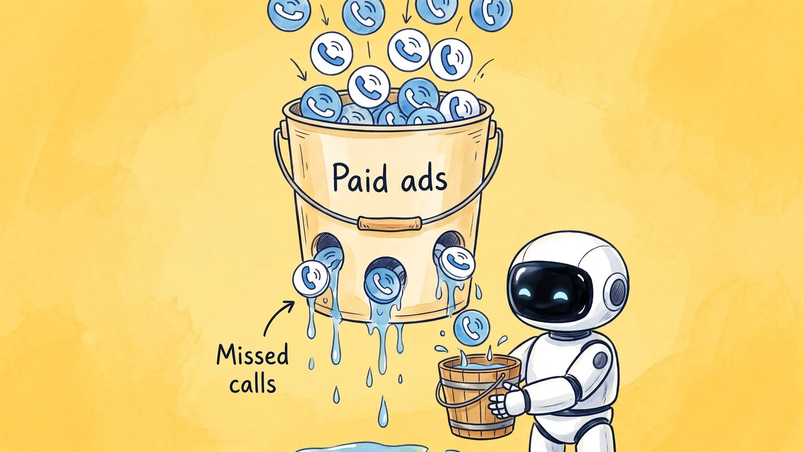 Phone call icons pour into a bucket labeled “Paid ads” and leak out of holes labeled “Missed calls” while a small robot catches the drips