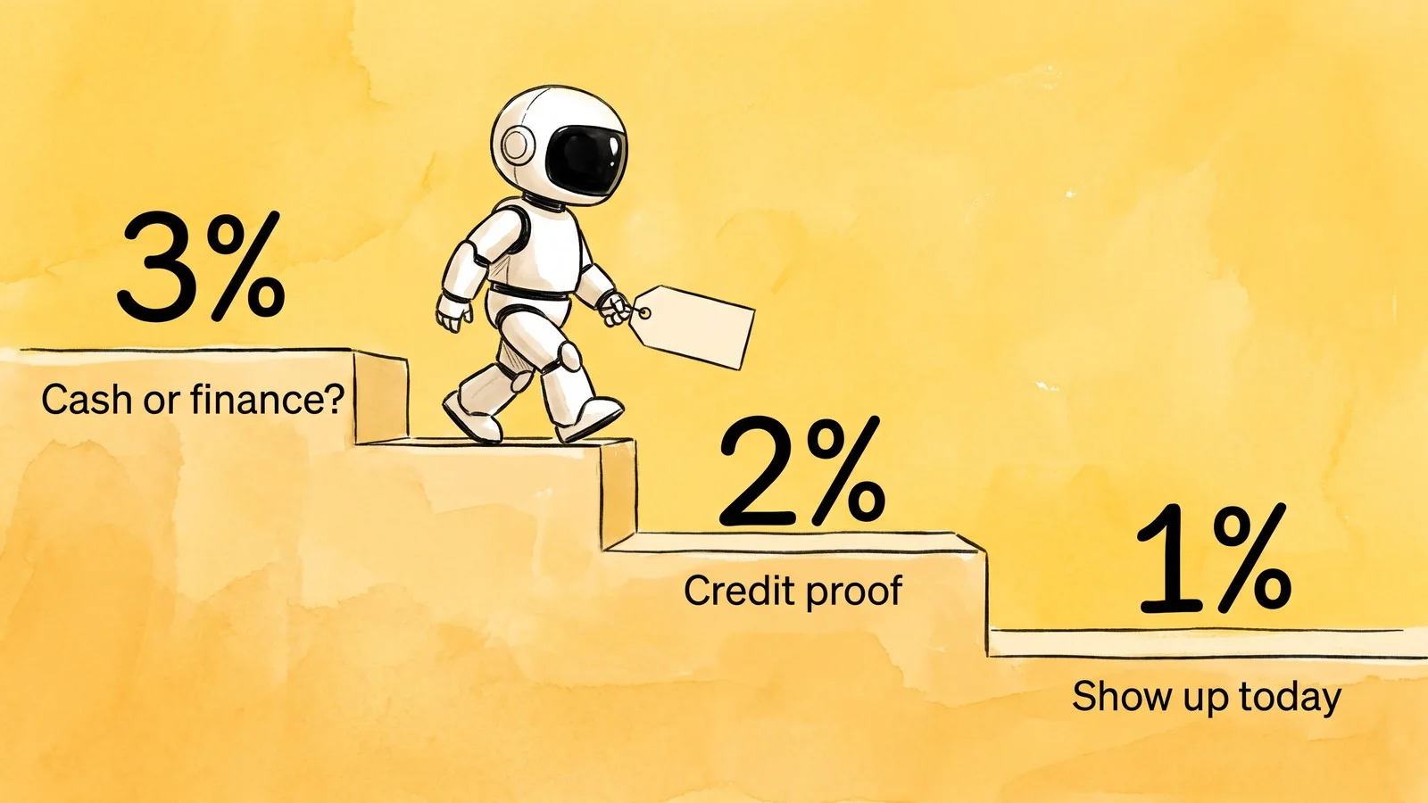 A robot carrying a price tag walks down three steps labeled 3% “Cash or finance?”, 2% “Credit proof” and 1% “Show up today”