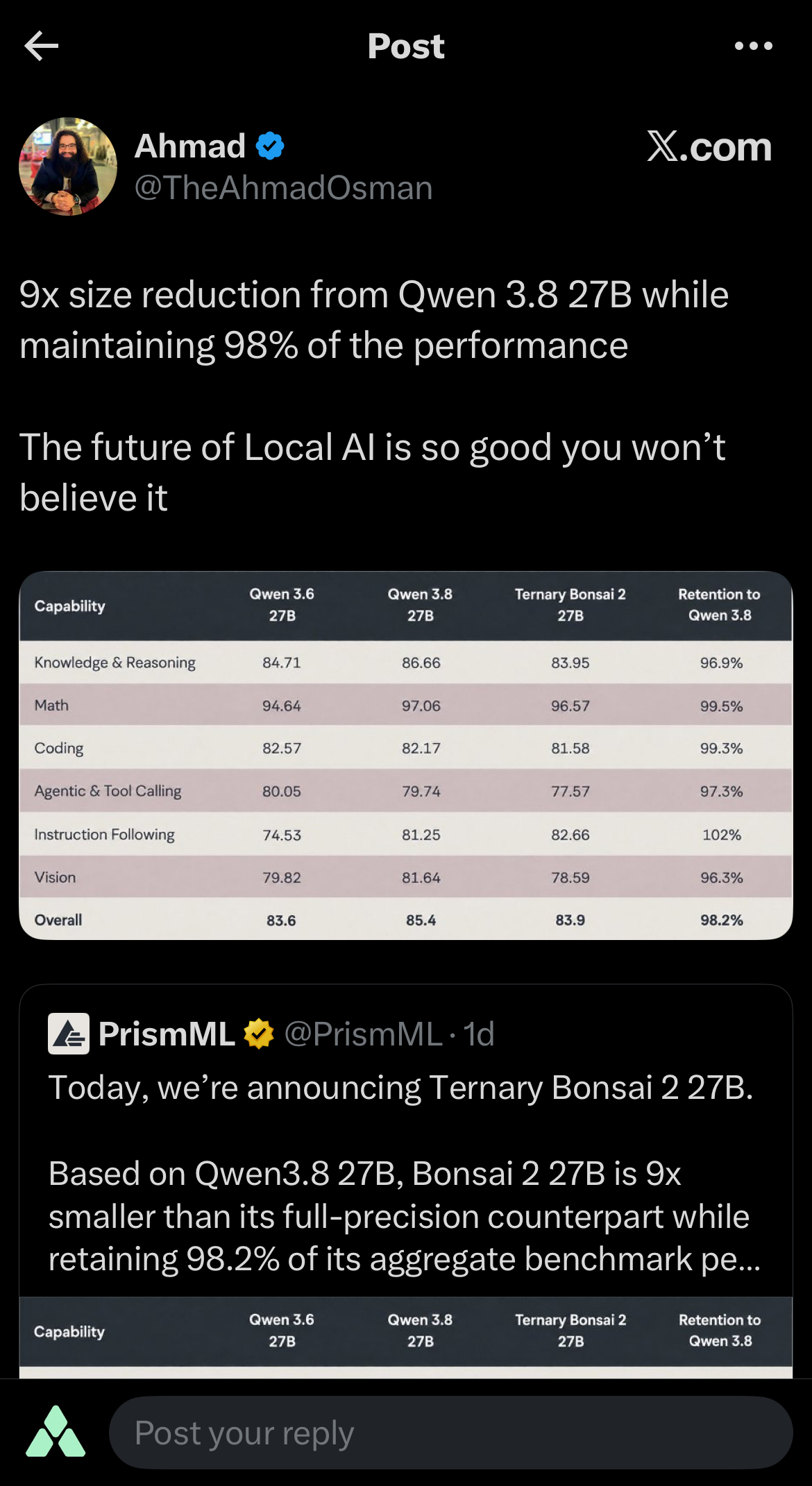 Ternary Bonsai 2 27B — 9× smaller than Qwen 3.8 full precision, ~98% retention (Ahmad / PrismML)