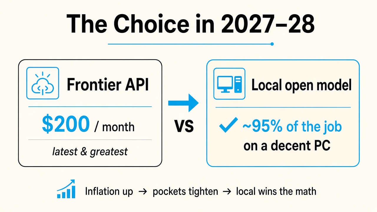The choice in 2027–28 — $200/mo frontier vs local open