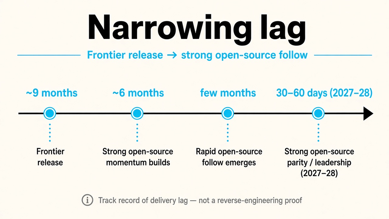 Narrowing lag — frontier to open-source follow