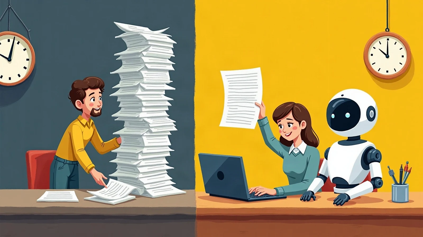 Split scene: on the left, a gloomy desk where a founder wrestles a towering stack of paper drafts; on the right, a bright desk where a founder builds on a laptop while a white robot holds up the finished article