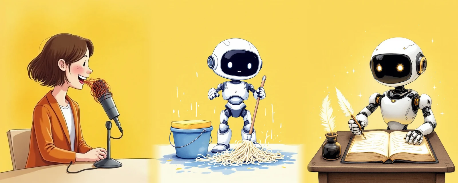 A woman with a brown bob and orange jacket spits a tangled, spaghetti-like stream of scribbles from her mouth into a microphone; a white robot mops up the spaghetti mess beside a bucket and sponge; a second white robot writes with a quill in a glowing leather-bound book