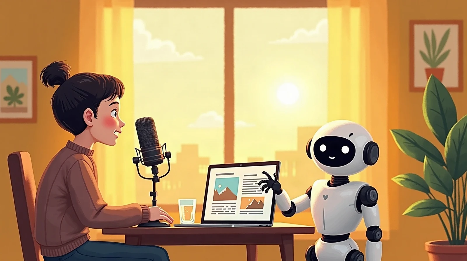 Sunrise at a desk: a person speaks into a studio microphone next to a glass of water while a white robot points to a laptop showing the clean, published article with pictures