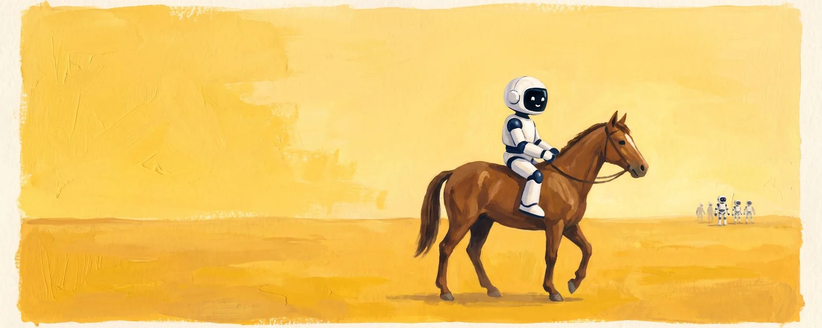 A small white robot rides a brown horse alone across a wide empty yellow plain, while a few tiny robots appear far off on the horizon