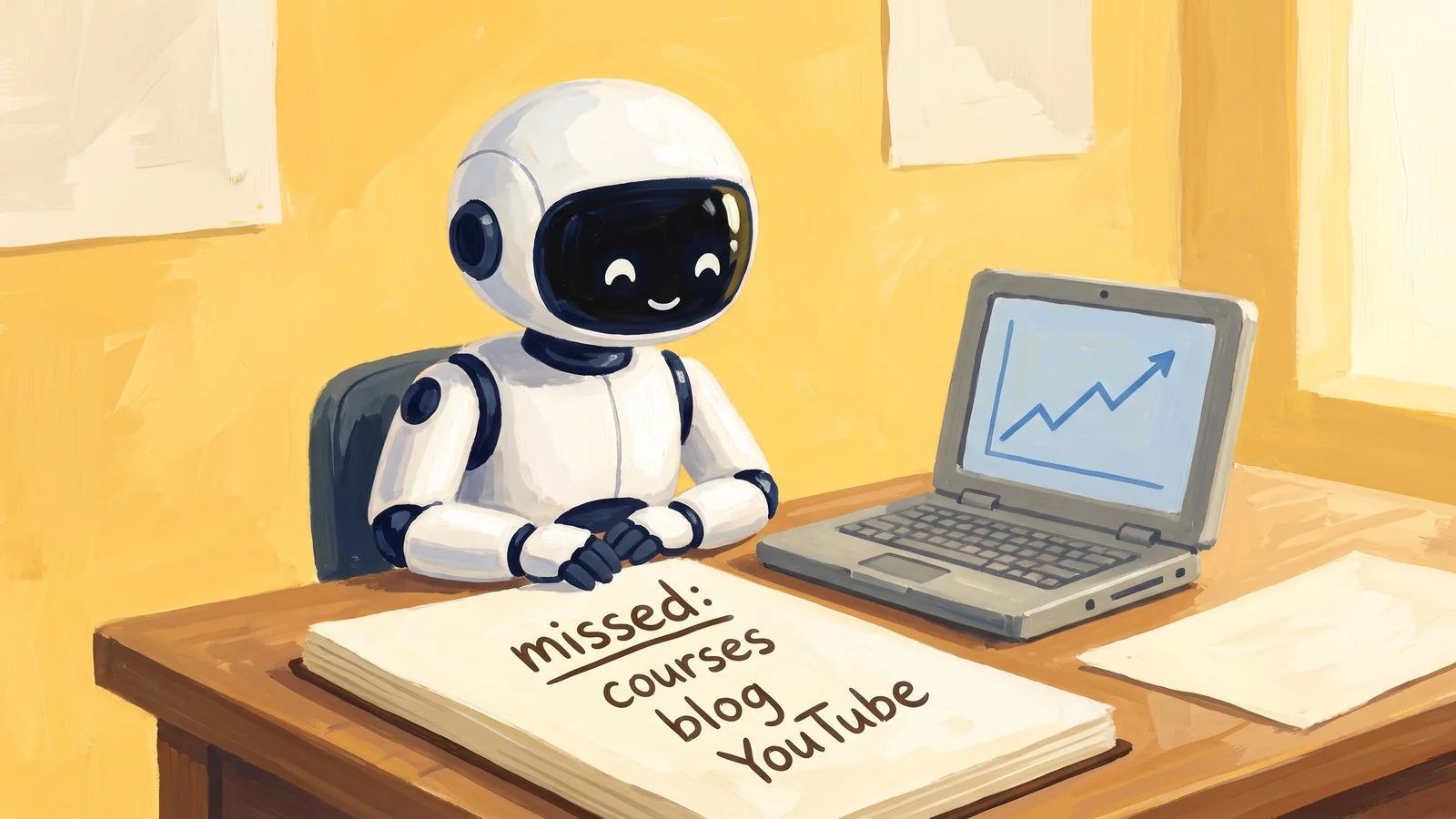 A white robot sits at a desk beside an old laptop showing a rising chart, with an open notebook that reads “missed: courses, blog, YouTube”
