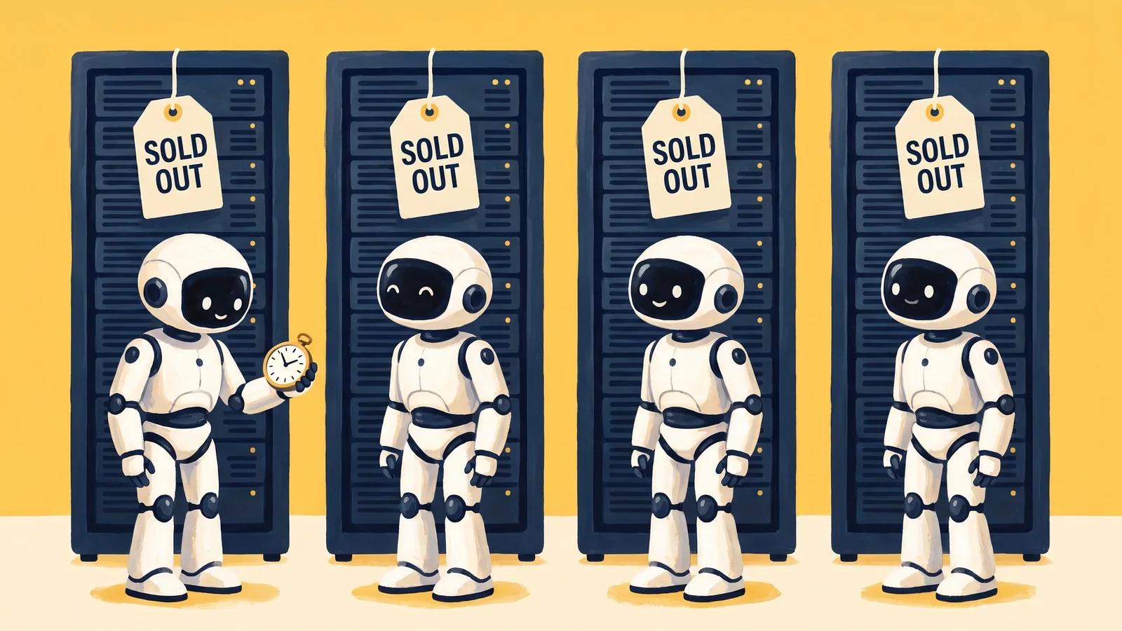 Four white robots wait in front of dark server racks, each rack tagged “SOLD OUT,” and one robot checks a pocket watch