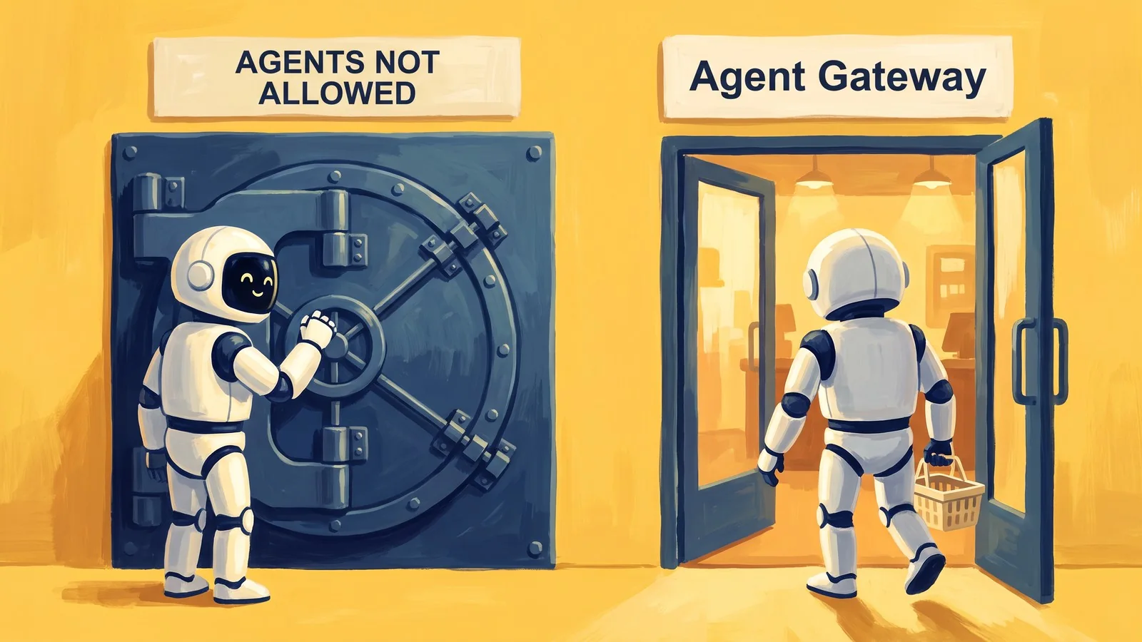 One white robot knocks on a closed bank vault door under a sign reading “AGENTS NOT ALLOWED,” while another walks through an open shop door under a sign reading “Agent Gateway” carrying a basket