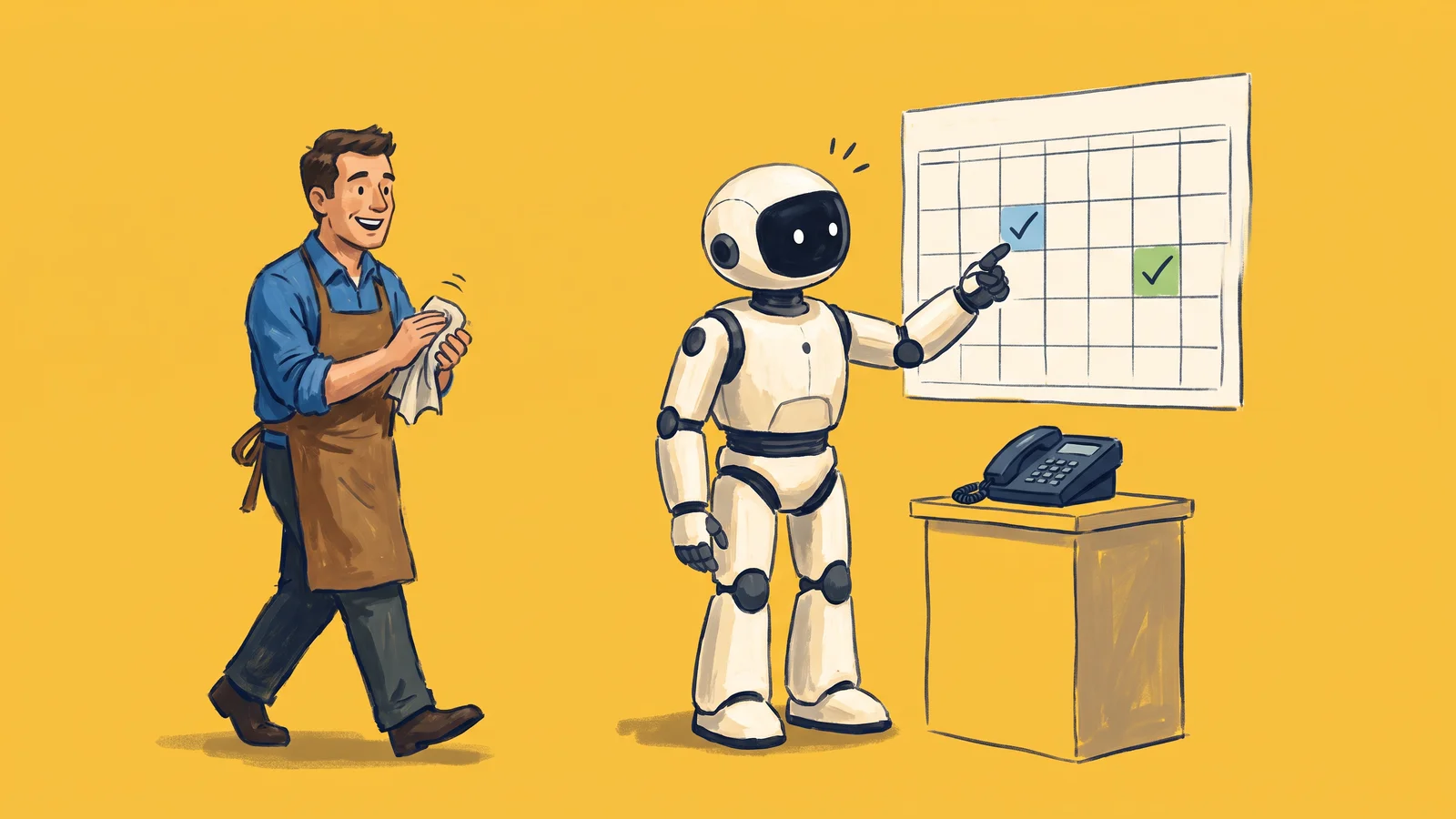 A smiling shop owner walks in wiping his hands as a white robot points to two new checked bookings on the wall calendar
