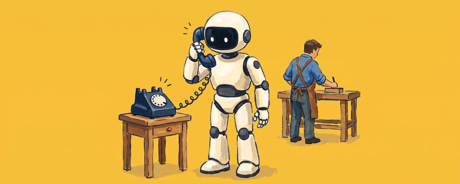 A white visor robot stands beside a dark desk phone and answers the call while the shop owner keeps working at a bench in the back