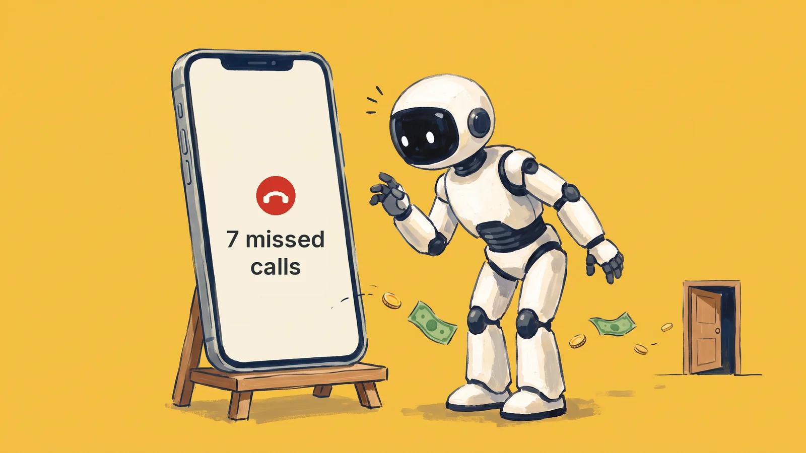 A white robot leans in to look at a large phone whose screen reads 7 missed calls, while a few coins and dollar bills drift away toward an open door