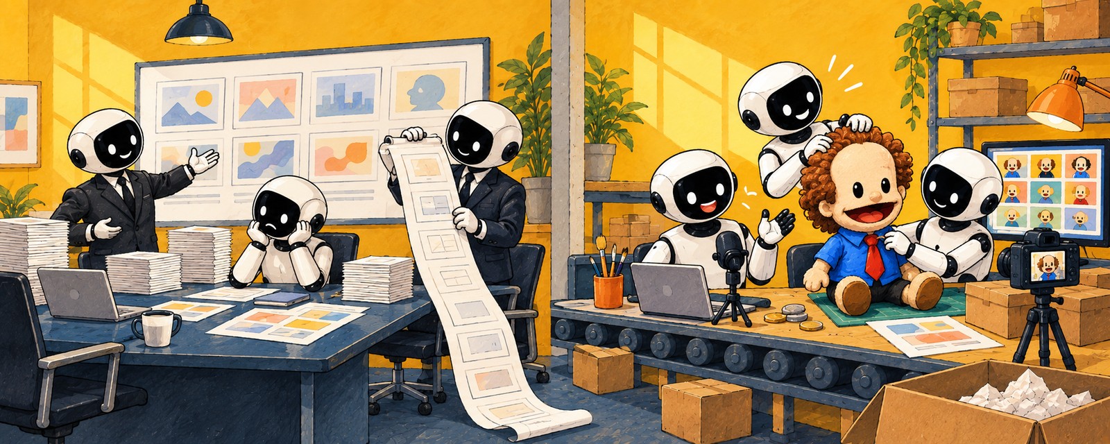 Robots in suits pitch a giant storyboard and a huge invoice to a worried client, while next door a tiny home studio of robots shapes a big-headed mascot puppet in front of a screen full of video clips