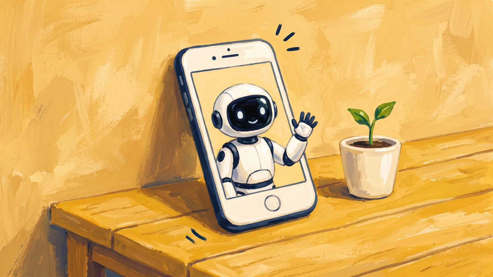 A small white robot waves next to an early-style smartphone with no logo, beside a fresh green sprout growing in a pot