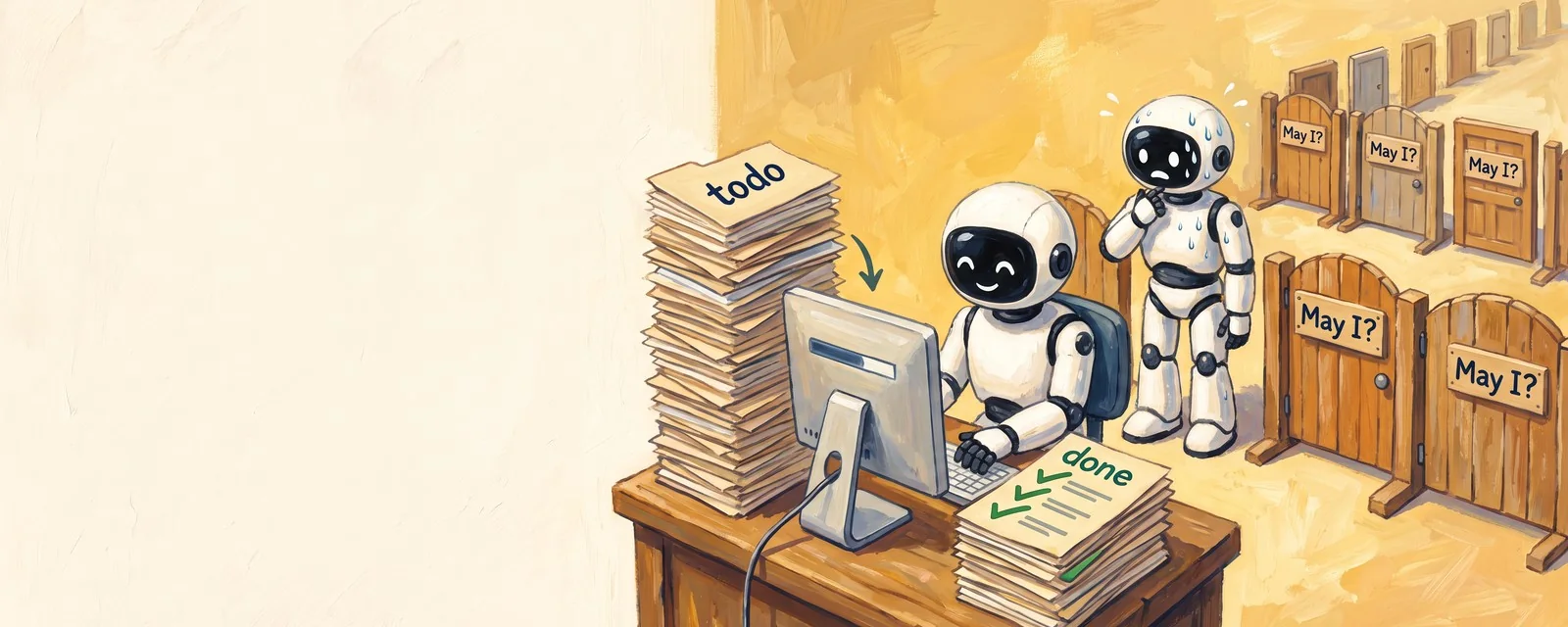 A smiling white robot types at a desk between a tall todo stack and a done pile with green checkmarks, while a second sweating robot waits beside a long row of wooden gates marked “May I?”