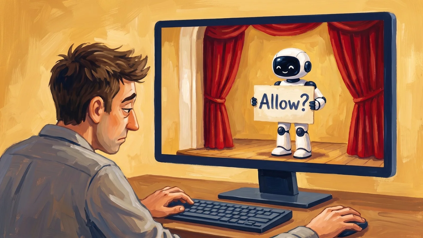 A tired man rests one hand on the keyboard and the other on the mouse, facing a huge computer monitor where a small white robot on a red-curtained theater stage holds up an “Allow?” sign