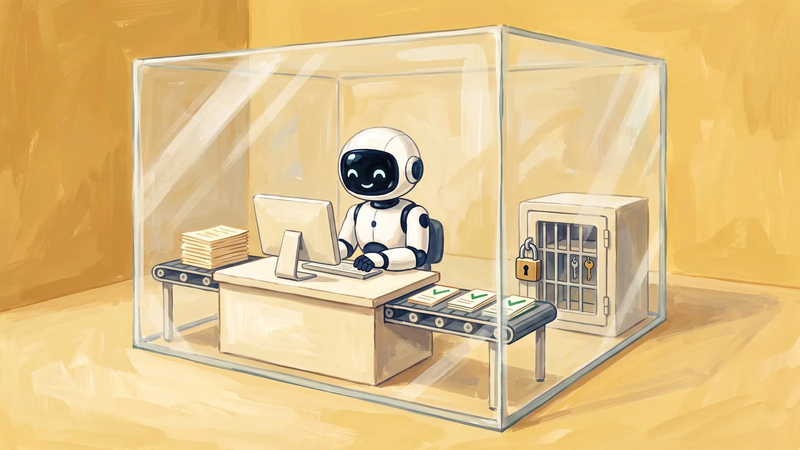 Inside a glass-walled room, a white robot works at a computer while papers ride a conveyor from an input tray to a finished stack, and the keys stay locked in a vault behind it
