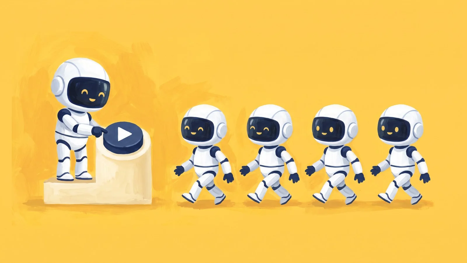 A white robot presses a navy play button as four smaller robots walk forward together on a yellow background.