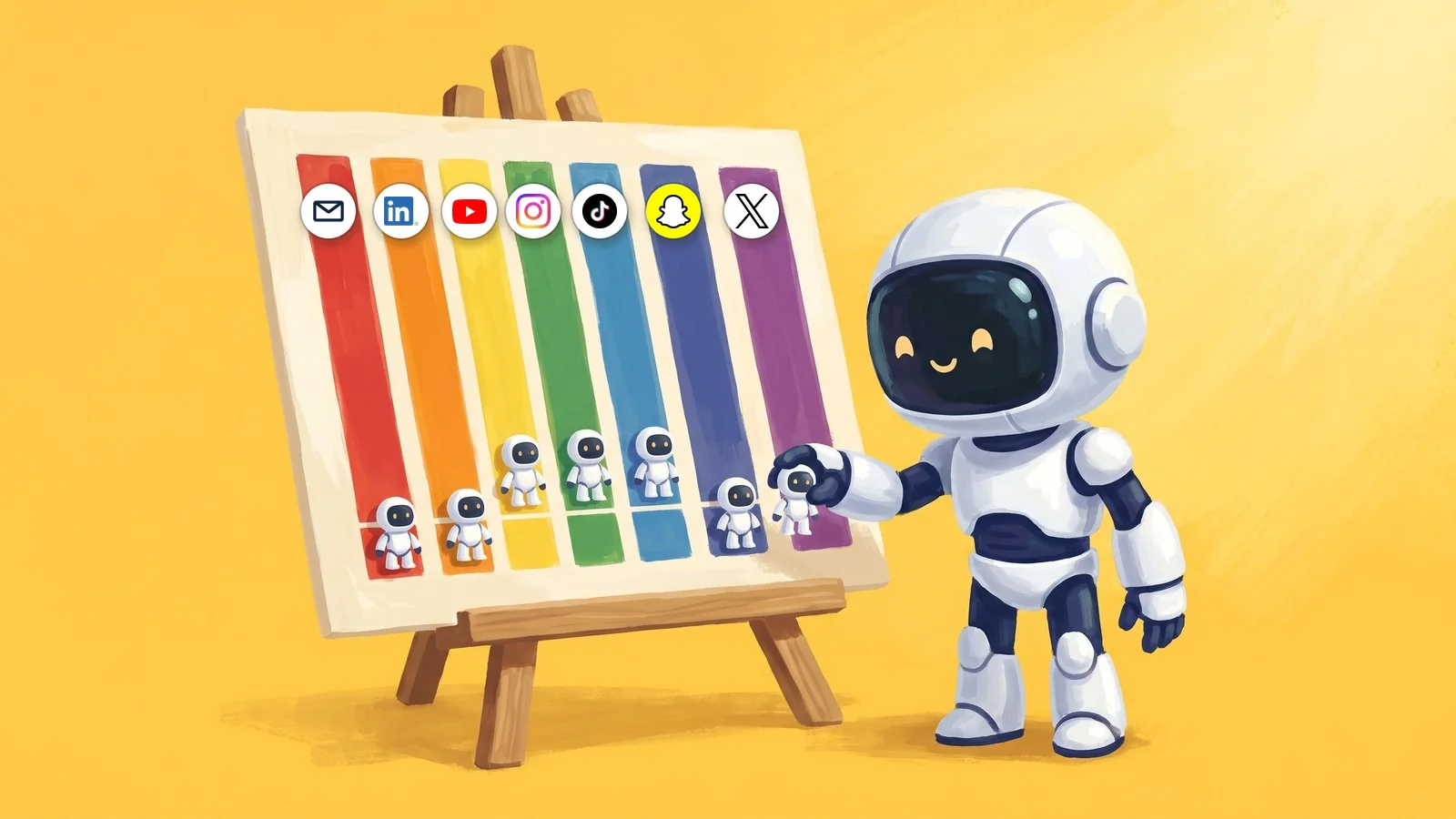 A white robot places small robot figures on an easel board with seven colored lanes, each topped by a channel badge: email, LinkedIn, YouTube, Instagram, TikTok, Snapchat and X.