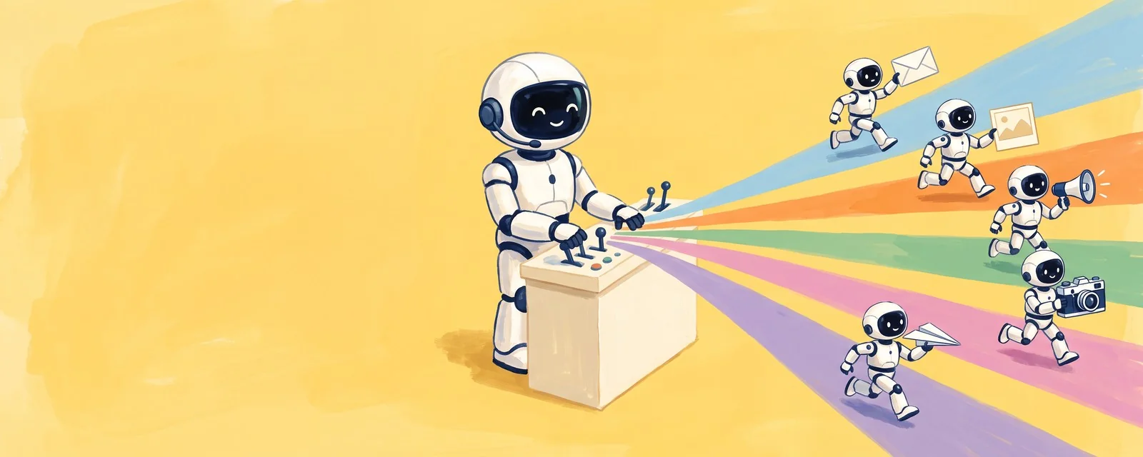 A white robot wearing a headset operates a control desk while five smaller robots carry an envelope, picture card, megaphone, camera and paper plane along colored lanes.