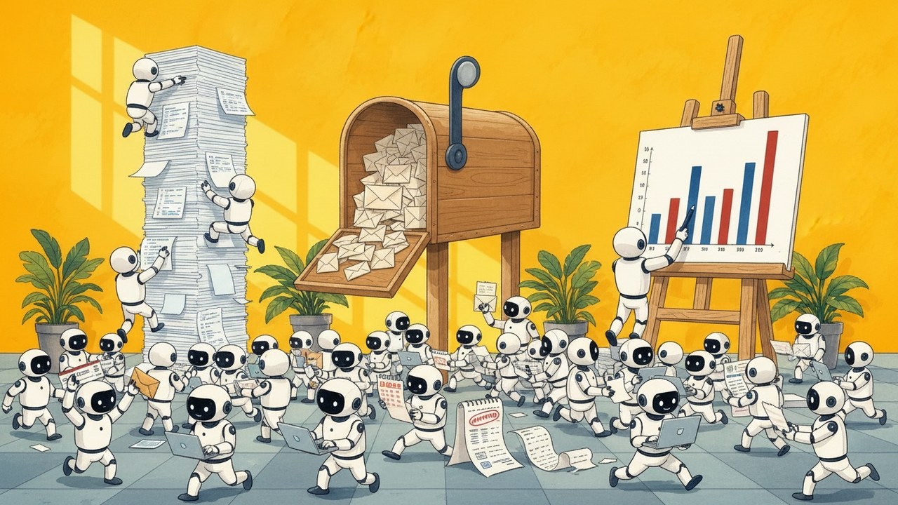 A swarm of small white robots carrying tiny tasks like tickets, calendar pages, stamped forms and laptops, in front of giant code pages, a mailbox and a business chart