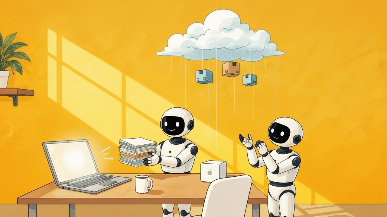 Two white robots moving files from an old laptop to a new Mac mini and up to the cloud while the desk chair sits empty