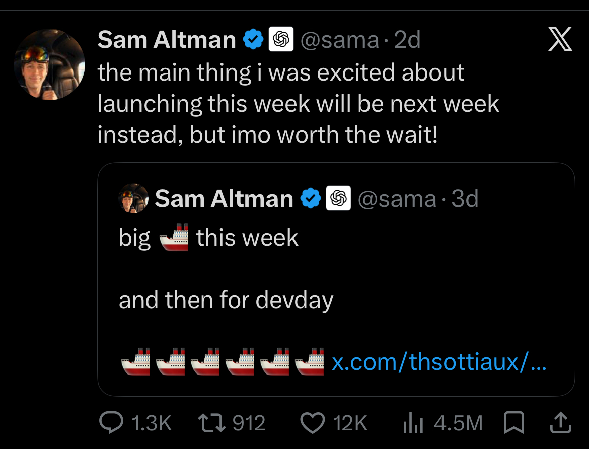 Sam Altman on X — launch delayed to next week, “worth the wait”