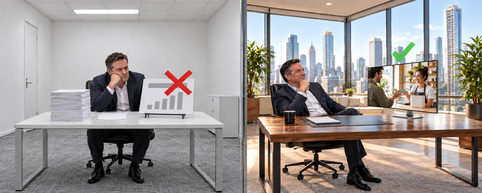 A bored VC in a bare white office staring at one slide next to a stack of pitch decks, with a red X, and the same VC in a skyline office smiling at a monitor showing a customer paying a shop owner, with a green check