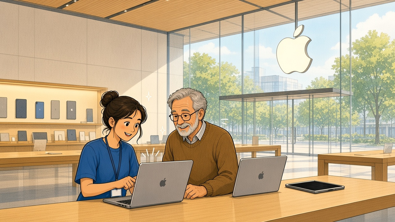 At an Apple Store with a big glass window, a store helper shows an older customer how to use a MacBook