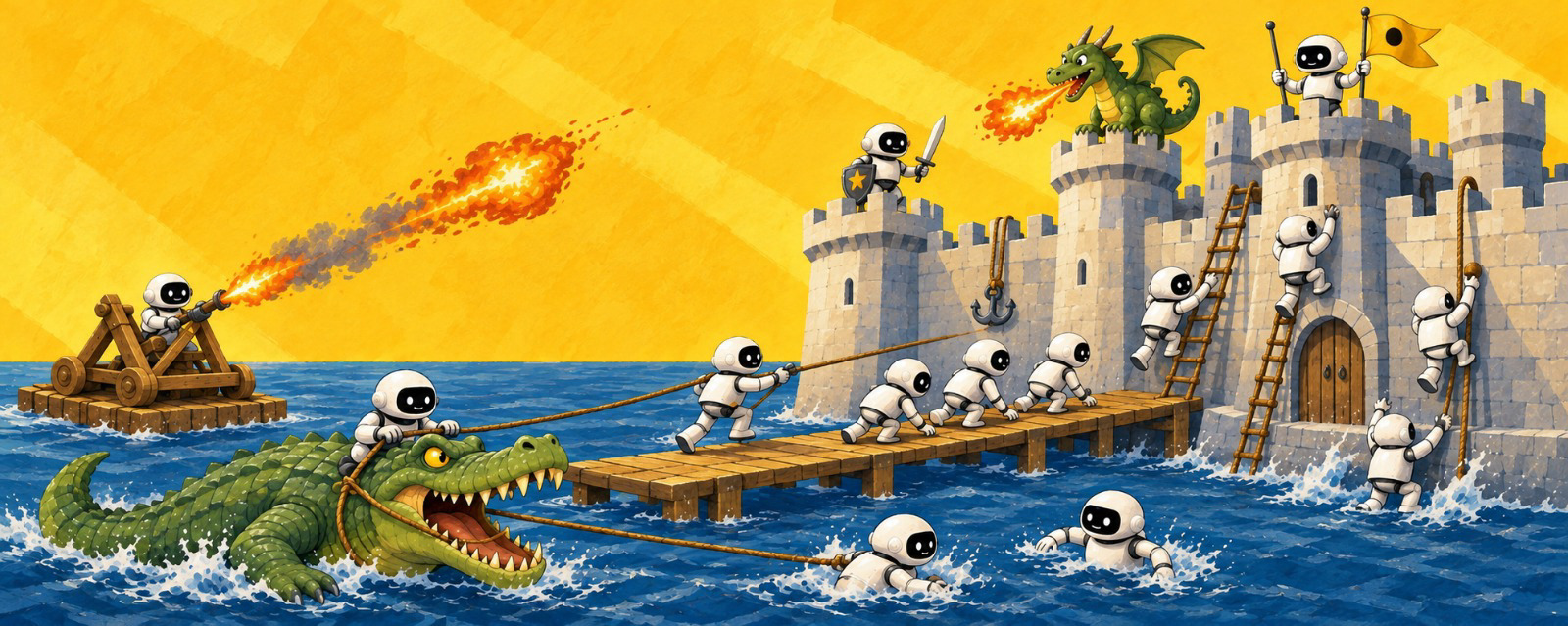 AI agents storming a castle: roping a toothy alligator in the moat, launching fireballs, fighting a dragon, and scaling the walls