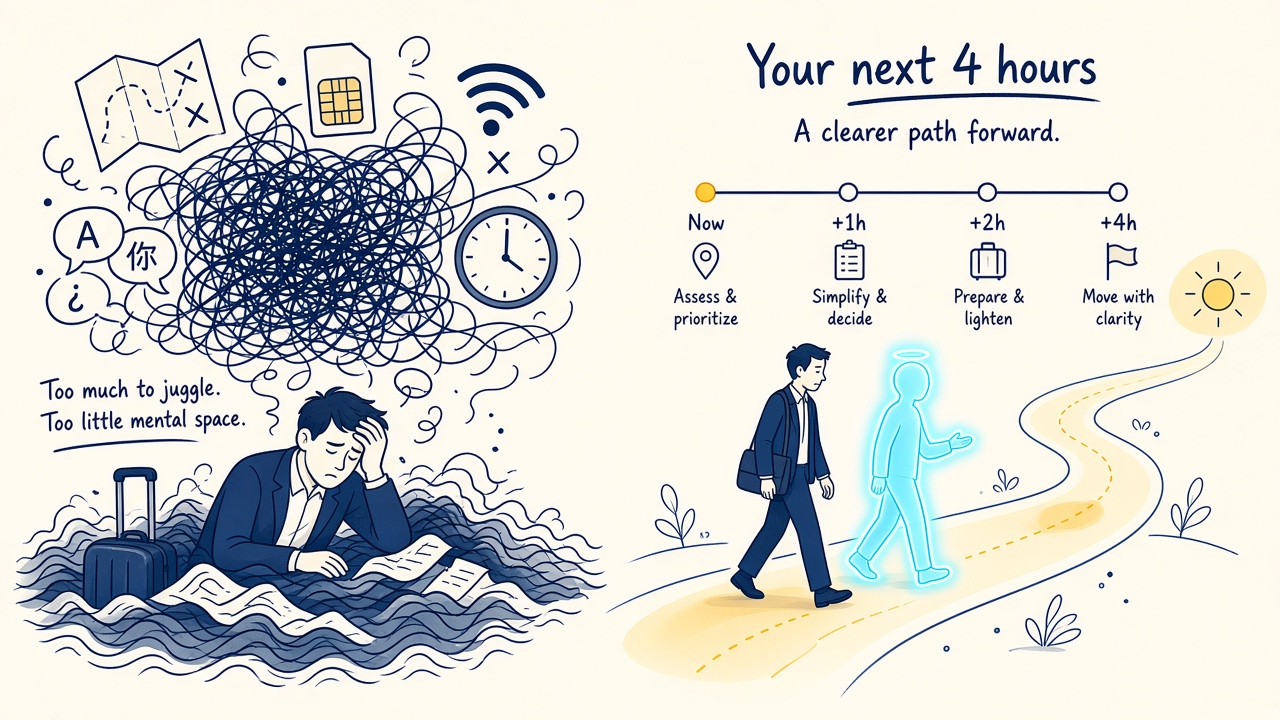 Tangled Maps, SIM, Wi-Fi, and language on the left; a next-four-hours path with an always-on guide on the right
