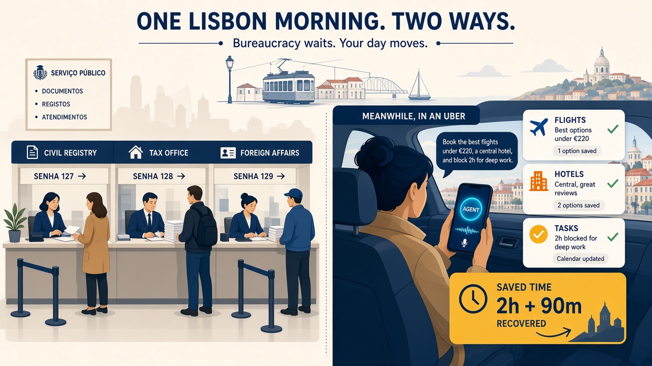 One Lisbon morning, two tracks: bureaucracy at the counters, trip and business ops moving in the Uber