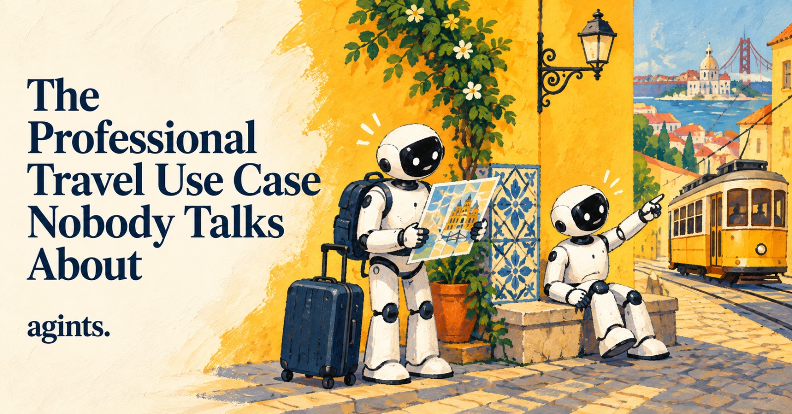 Professional traveler guided by an always-on agent through a misty European plaza