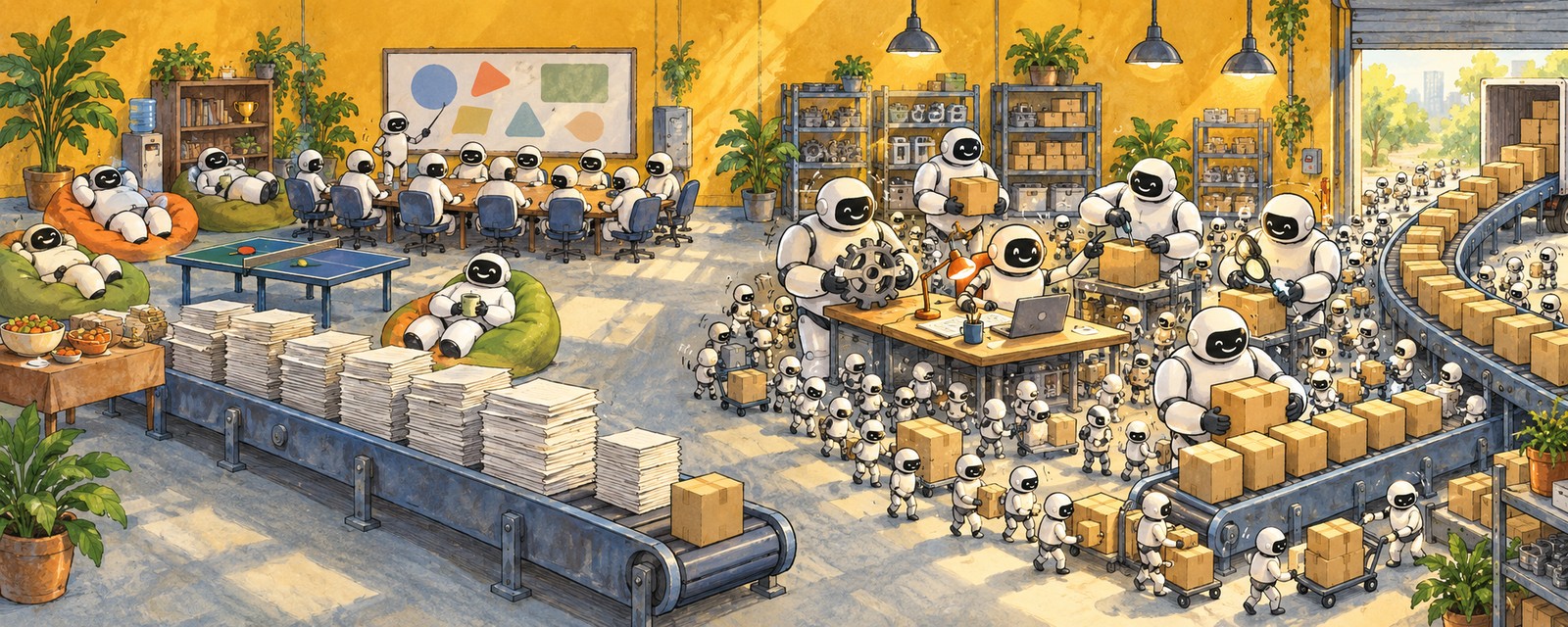 A sleepy big-tech office of robots on bean bags and in a long meeting beside a slow paperwork conveyor, while one builder robot with six helper robots and a swarm of tiny sub-agents ships boxes out the door