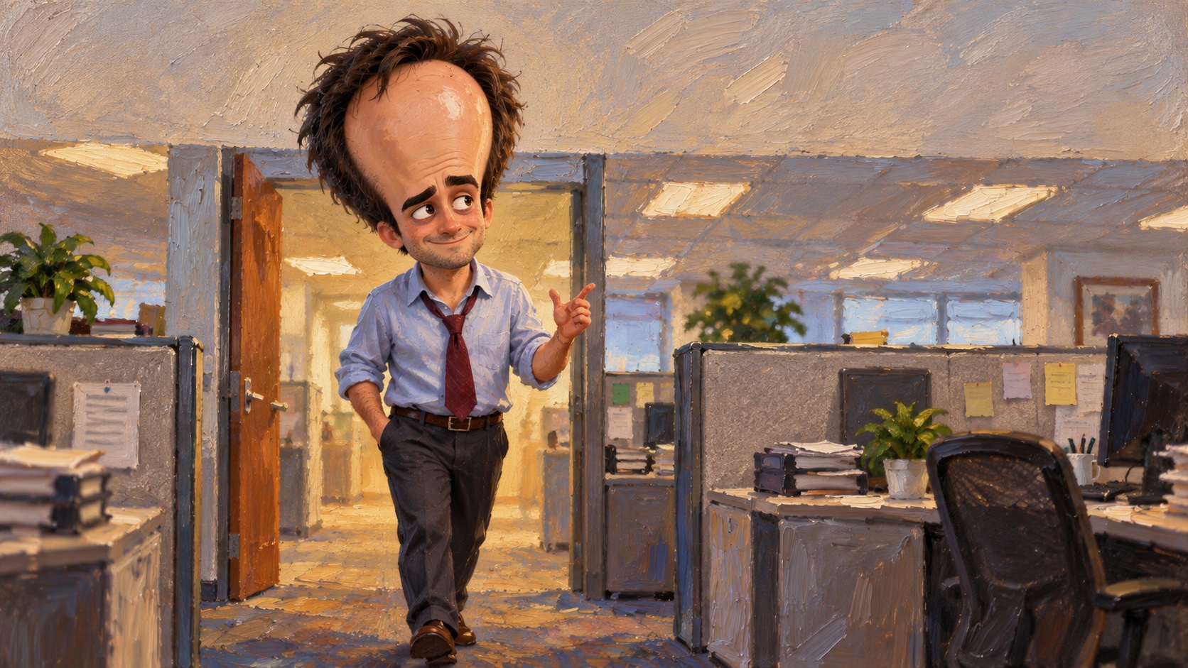 Galaxy Brain Tim in a warmly lit office, illustrated in a textured oil-painting style